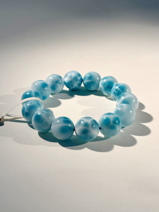 Natural Larimar Round Bead Bracelet Wave Pattern Power Stone